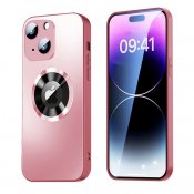 Rosa iPhone 15 magnetiskt skal med linsskydd och synlig logotype